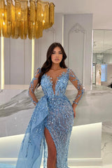 Blue Prom Dress Long Sleeve Mermaid Beaded Formal Dress
