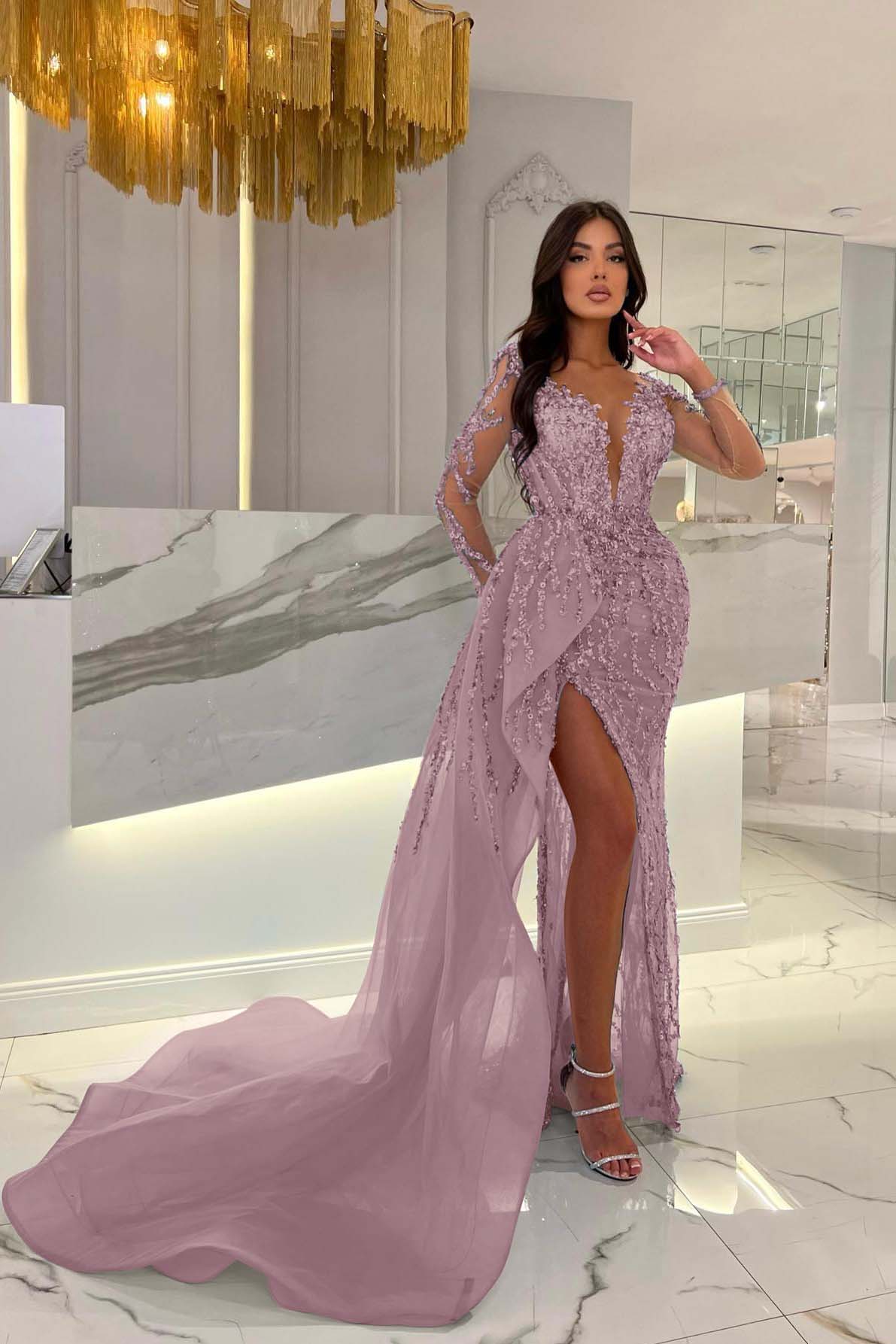 Blue Prom Dress Long Sleeve Mermaid Beaded Formal Dress