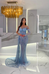 Blue Prom Dress Long Sleeve One Shoulder Mermaid Beaded Formal Dress
