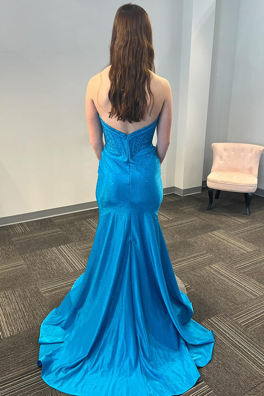 Blue Prom Dress Mermaid Beaded Strapless Long Formal Dress