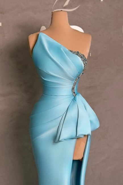 Blue Prom Dress Mermaid One Shoulder Sleeveless Beaded Satin Slit Formal Dress With Rhinestone