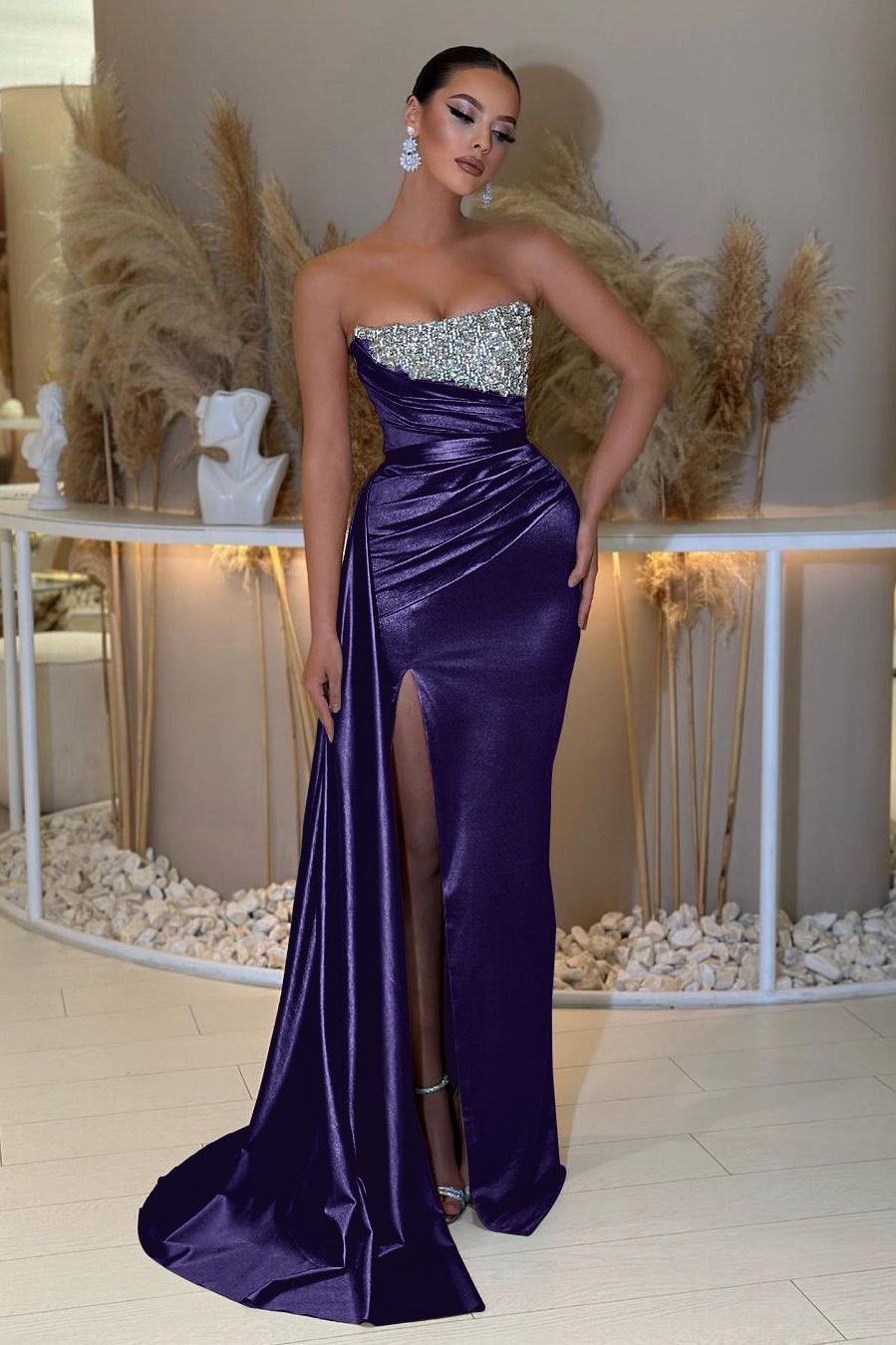 Blue Prom Dress Mermaid Sleeveless Strapless Beaded Formal Dress