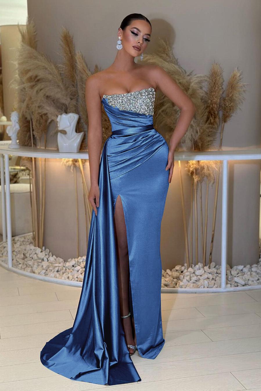 Blue Prom Dress Mermaid Sleeveless Strapless Beaded Formal Dress