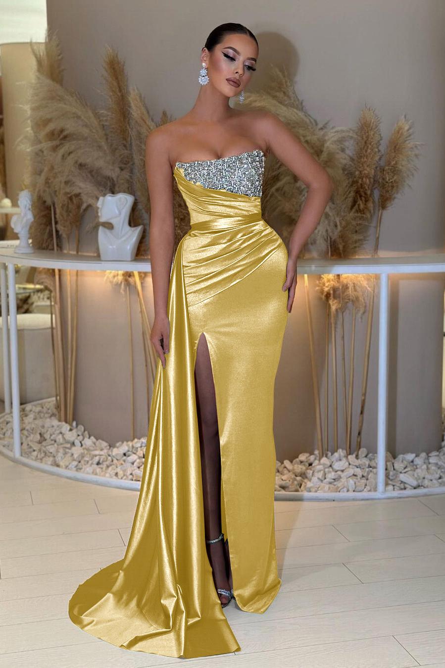 Blue Prom Dress Mermaid Sleeveless Strapless Beaded Formal Dress