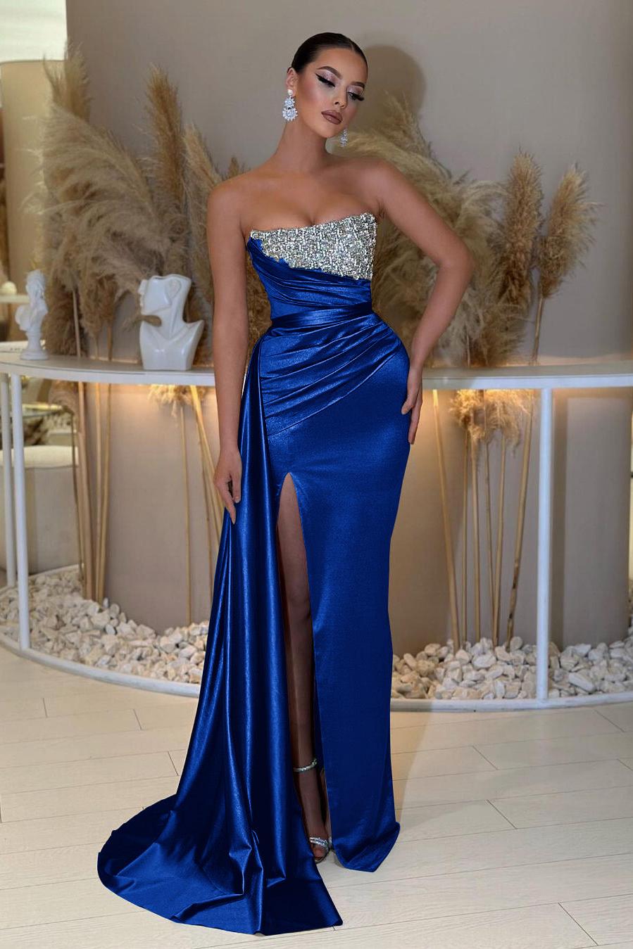 Blue Prom Dress Mermaid Sleeveless Strapless Beaded Formal Dress