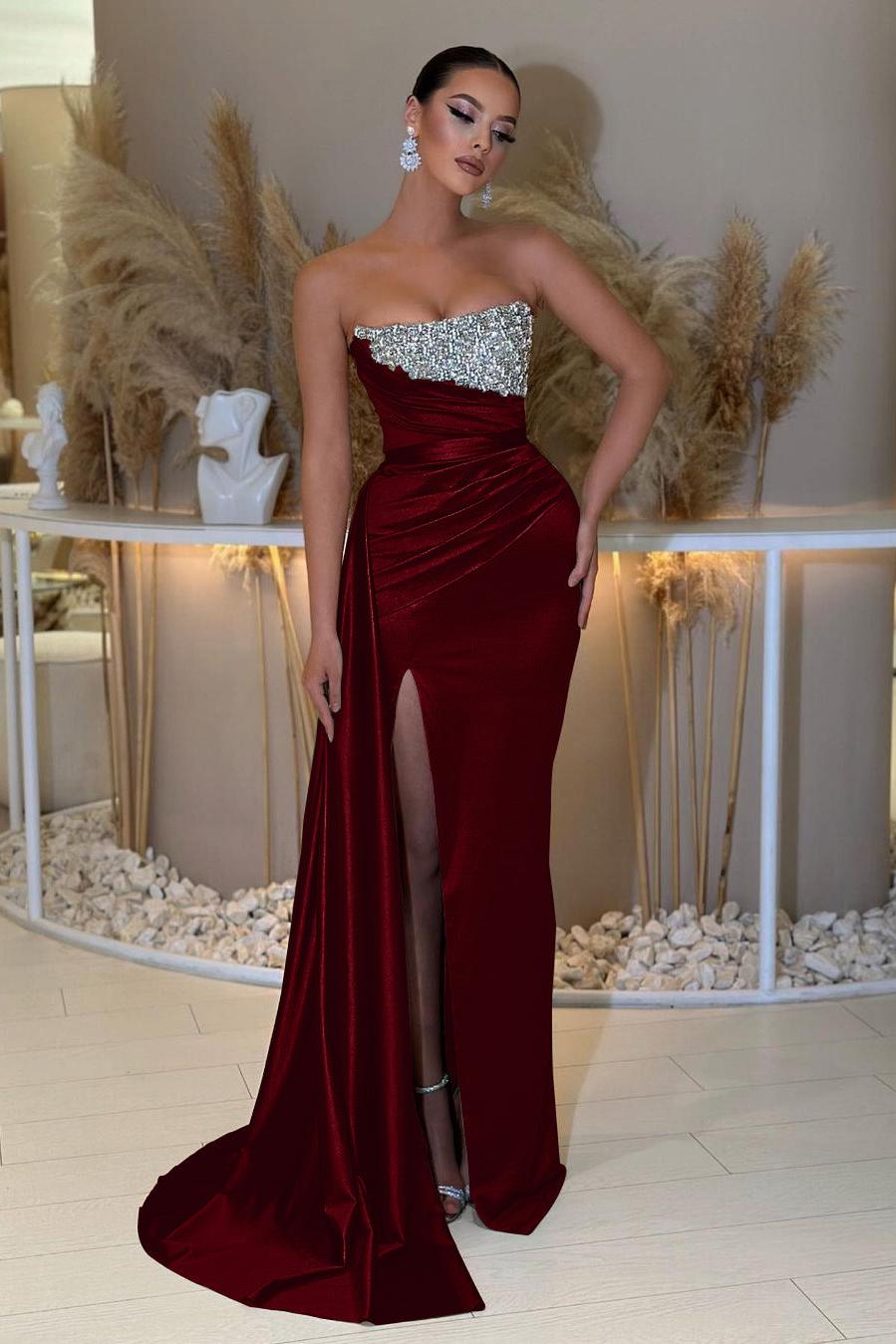 Blue Prom Dress Mermaid Sleeveless Strapless Beaded Formal Dress