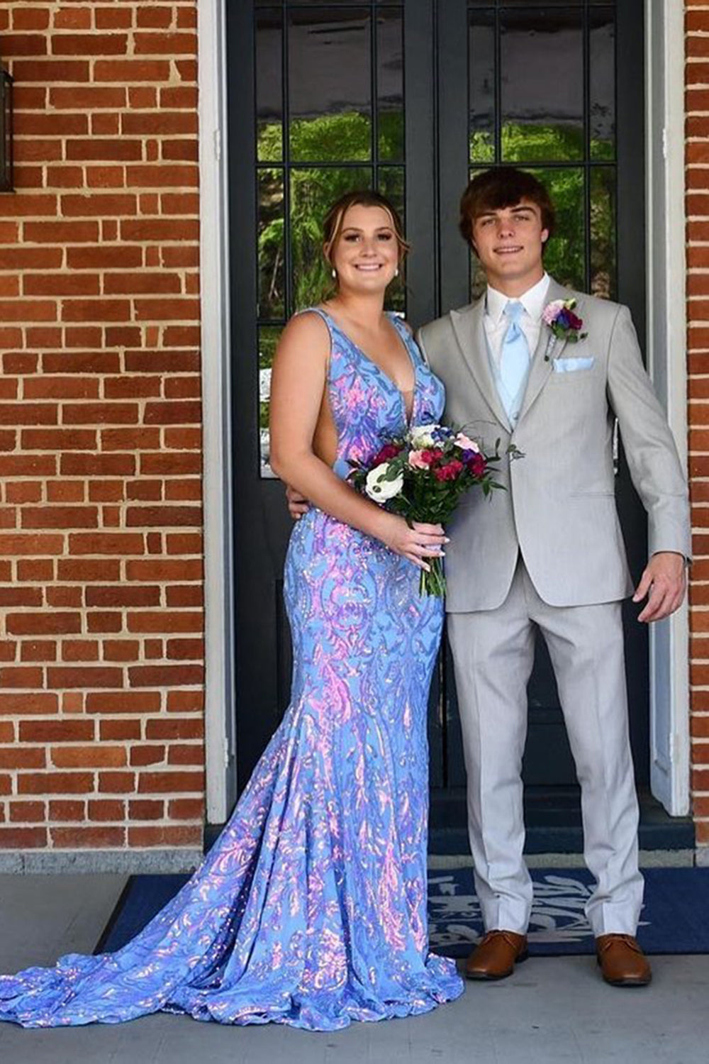 Blue Prom Dress Metallic Long Backless Sequined Prom Dres with Slit