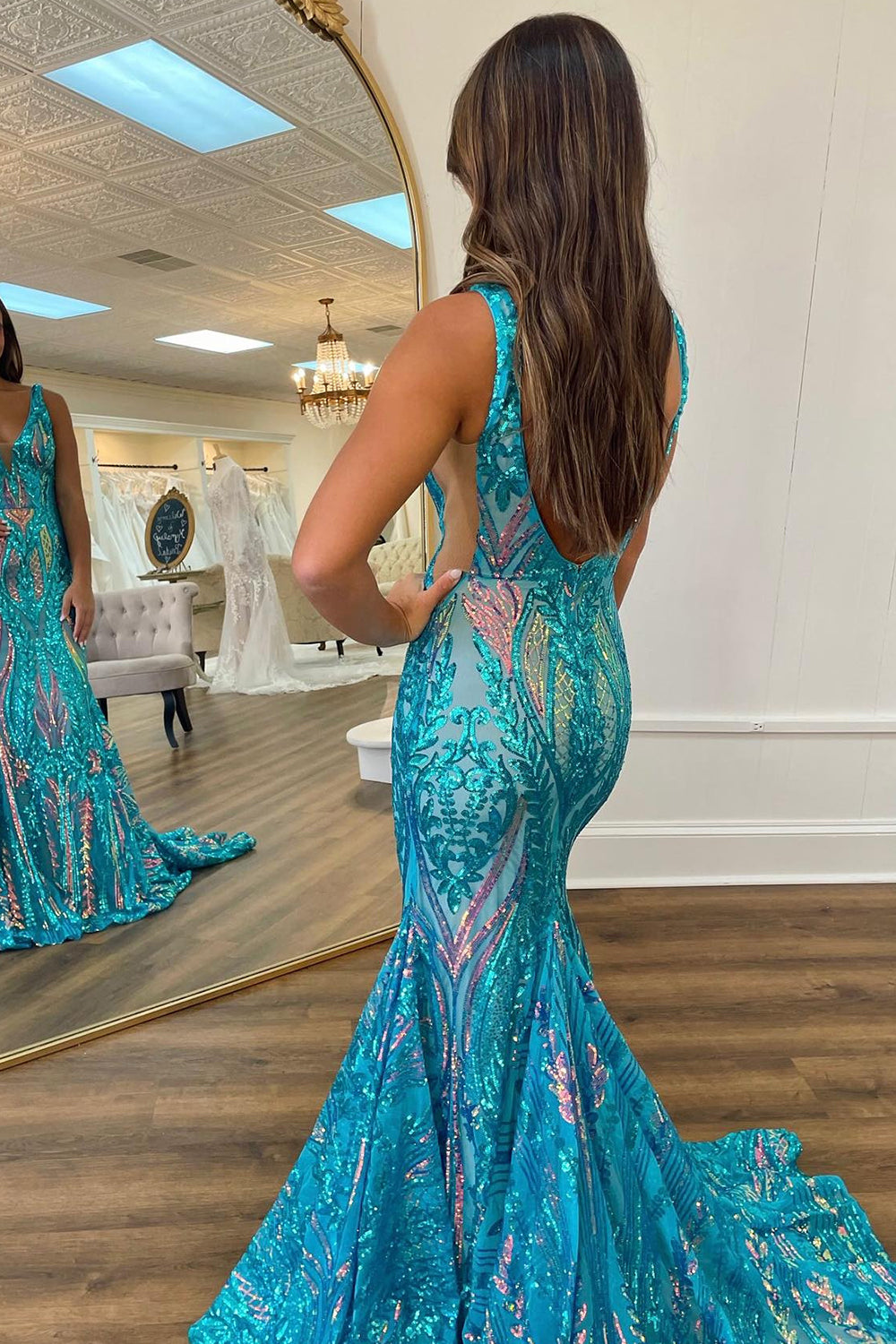 Blue Prom Dress Metallic Long Backless Sequined Prom Dres with Slit