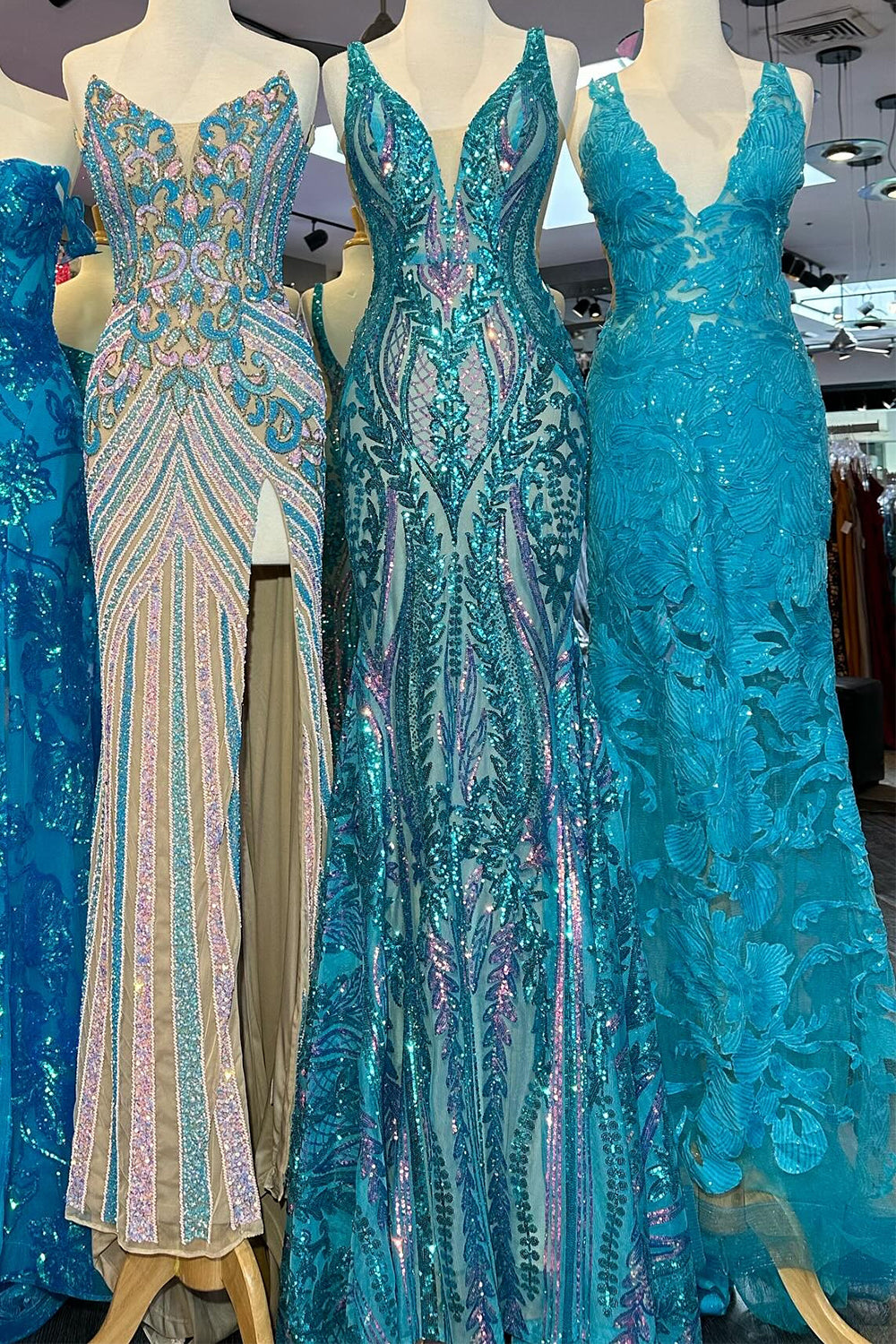Blue Prom Dress Metallic Long Backless Sequined Prom Dres with Slit