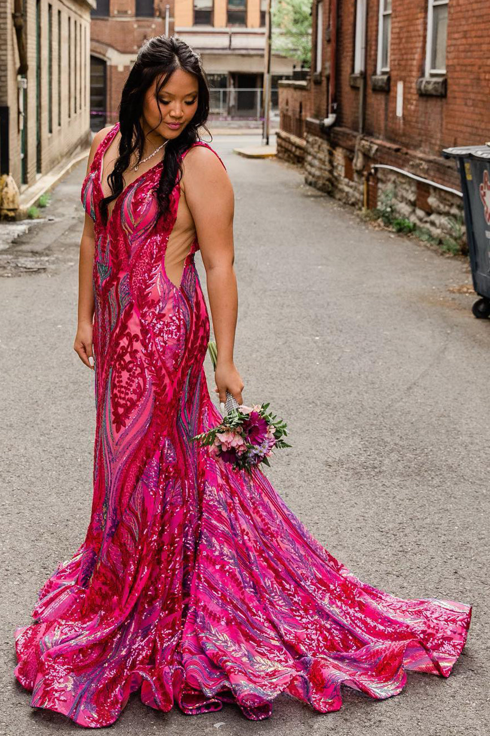 Blue Prom Dress Metallic Long Backless Sequined Prom Dres with Slit