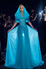 Blue Prom Dress Off The Shoulder A Line Sleeveless Tulle Formal Dress With Appliques