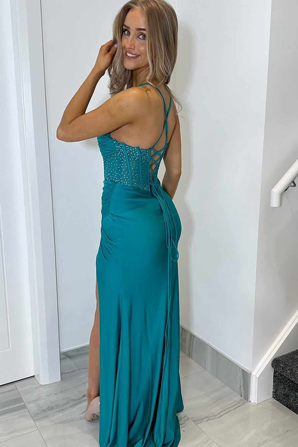 Blue Prom Dress Ruche Mermaid Spaghetti Straps Long Formal Dress With Slit