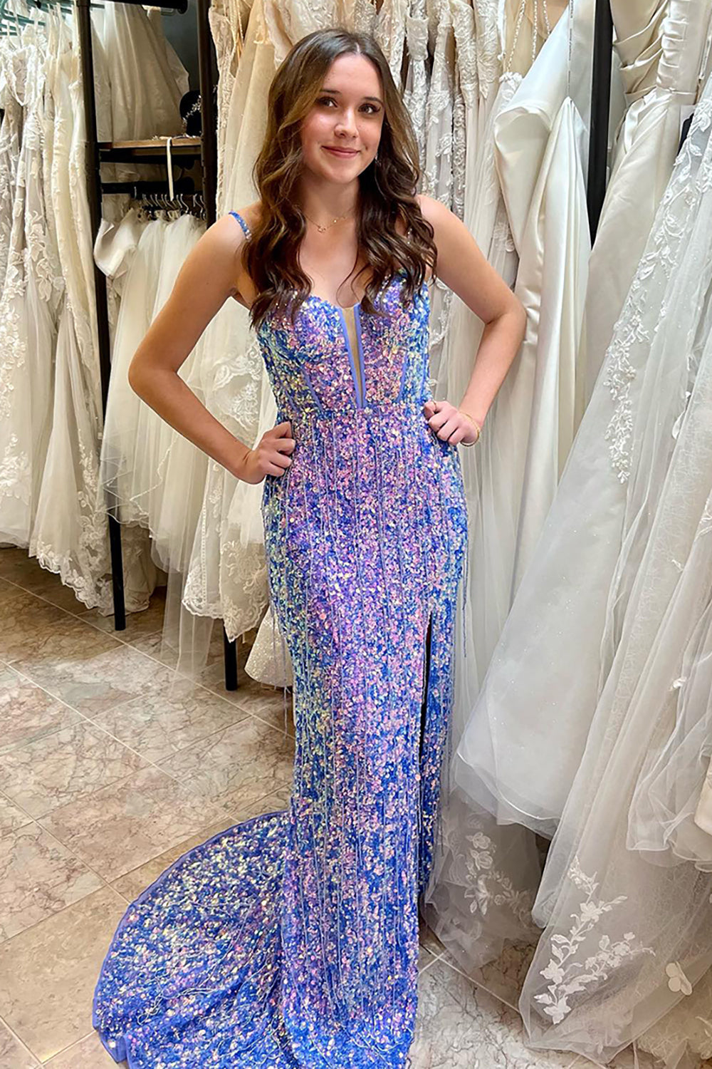 Blue Prom Dress Sequined Mermaid Tassels Spaghetti Straps Long Formal Dress With Slit