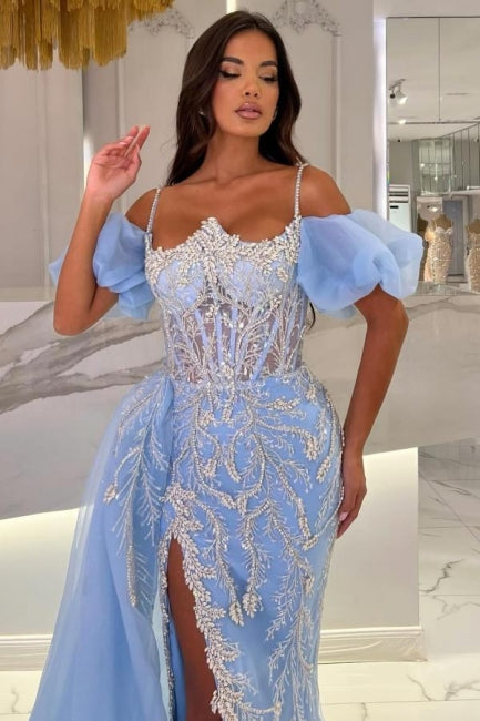 Blue Prom Dress Spaghetti Off The Shoulder Bubble Sleeves Slit Beaded Panel Train Tulle Formal Dress With Appliques