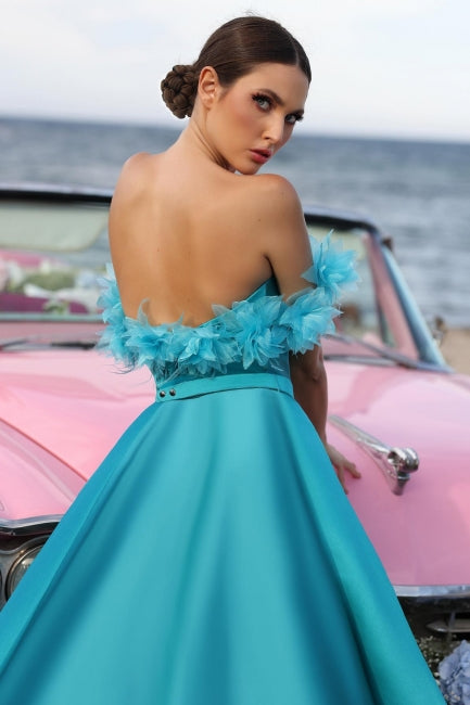 Blue Prom Dress Sweetheart A Line Off The Shoulder Sleeveless Backless Satin Formal Dress With Slit