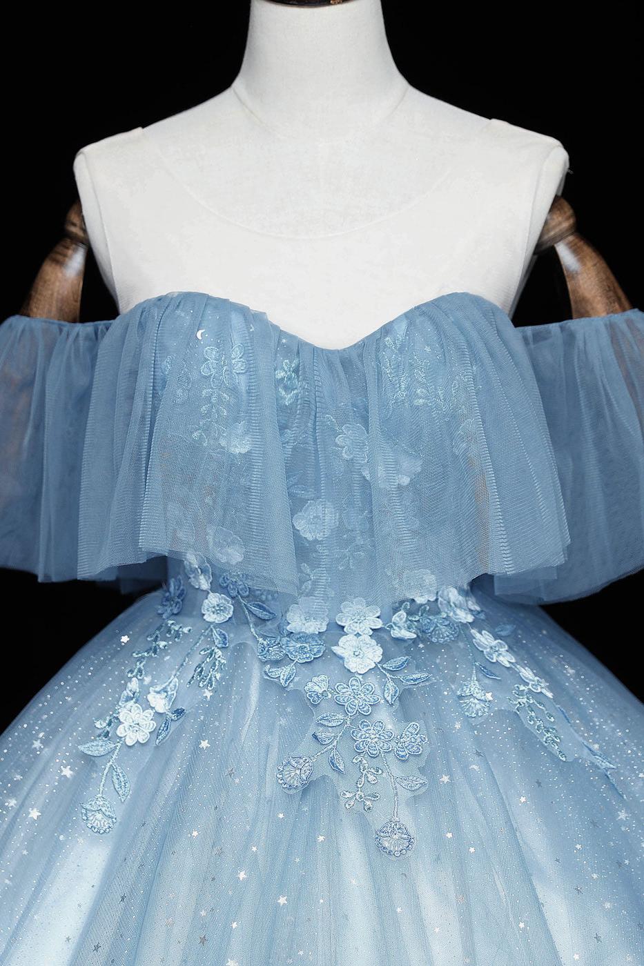 Blue Prom Dress Sweetheart Tulle Lace Long Formal Evening Dress