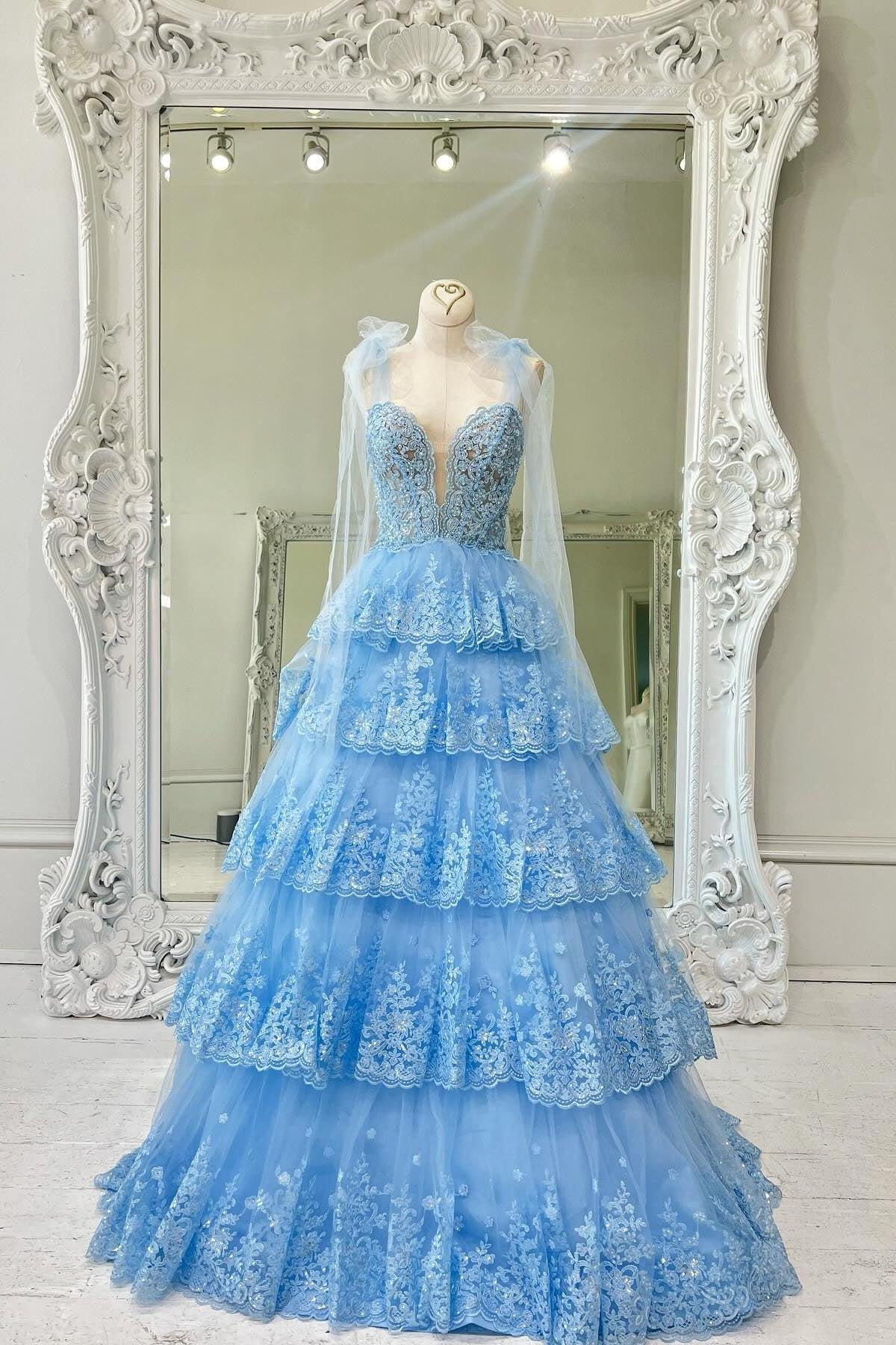 Blue Prom Dress Tiered Lace A Line Corset Long Evening Dress