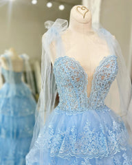 Blue Prom Dress Tiered Lace A Line Corset Long Evening Dress