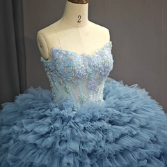 Blue Ruffle Tulle Quinceanera Dress Ball Gown Birthday Party Sweet 16 Dress