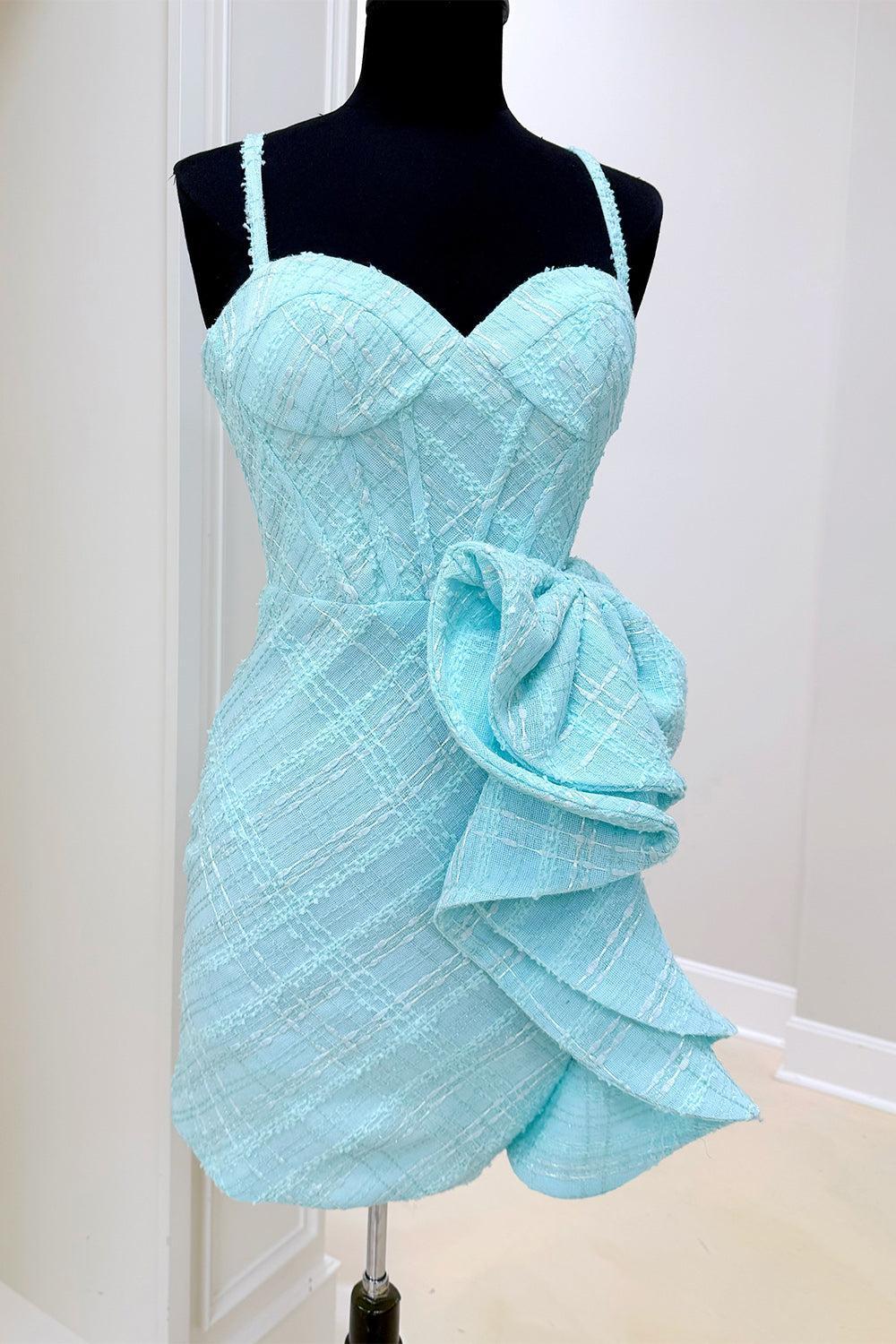 Blue Ruffled Corset Spaghetti Strap Tight Short Homecoming Dress