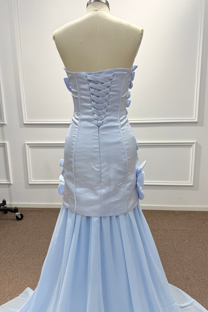 Blue Satin Mermaid Prom Dress with Strapless Neckline and 3D Flowers