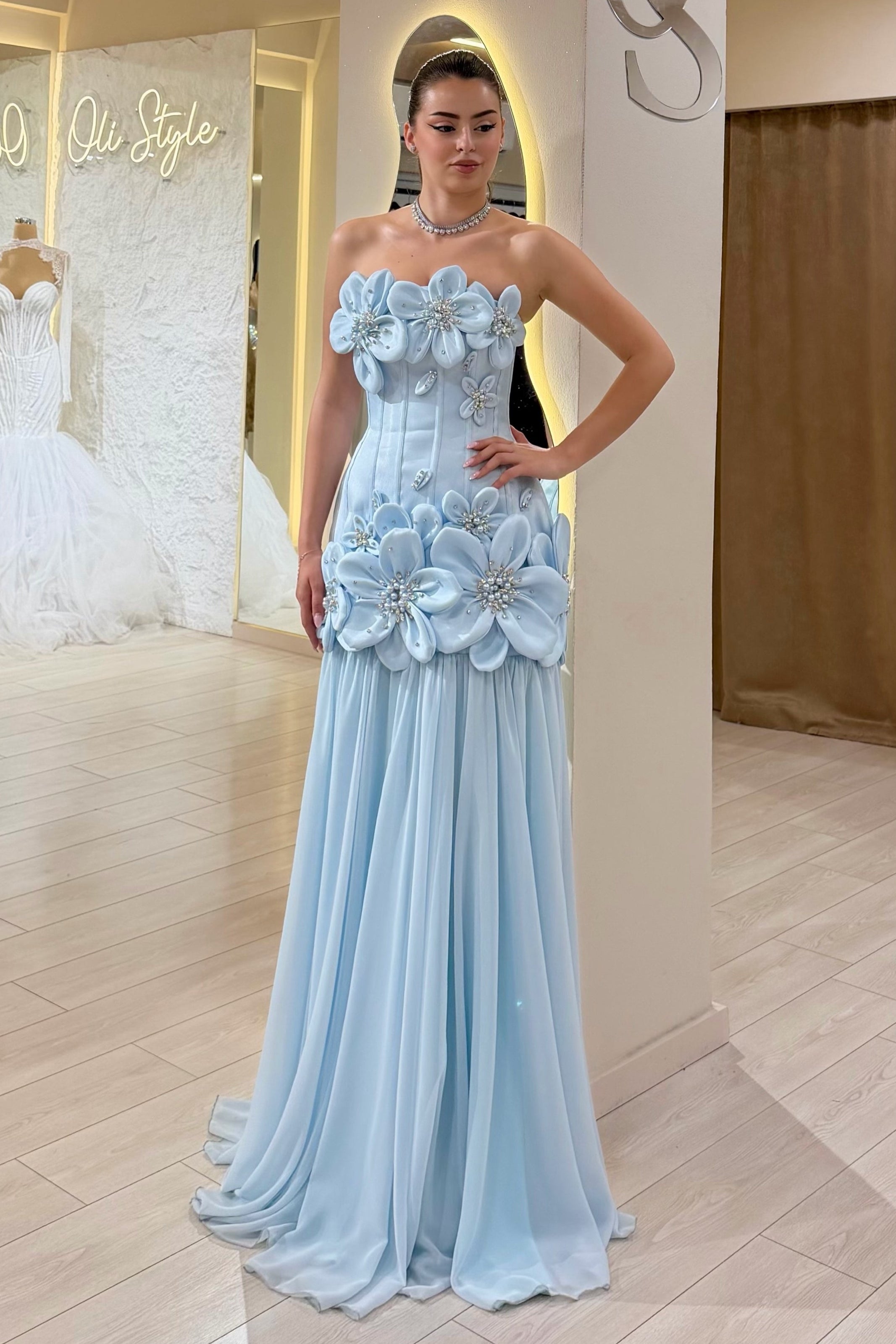 Blue Satin Mermaid Prom Dress with Strapless Neckline and 3D Flowers