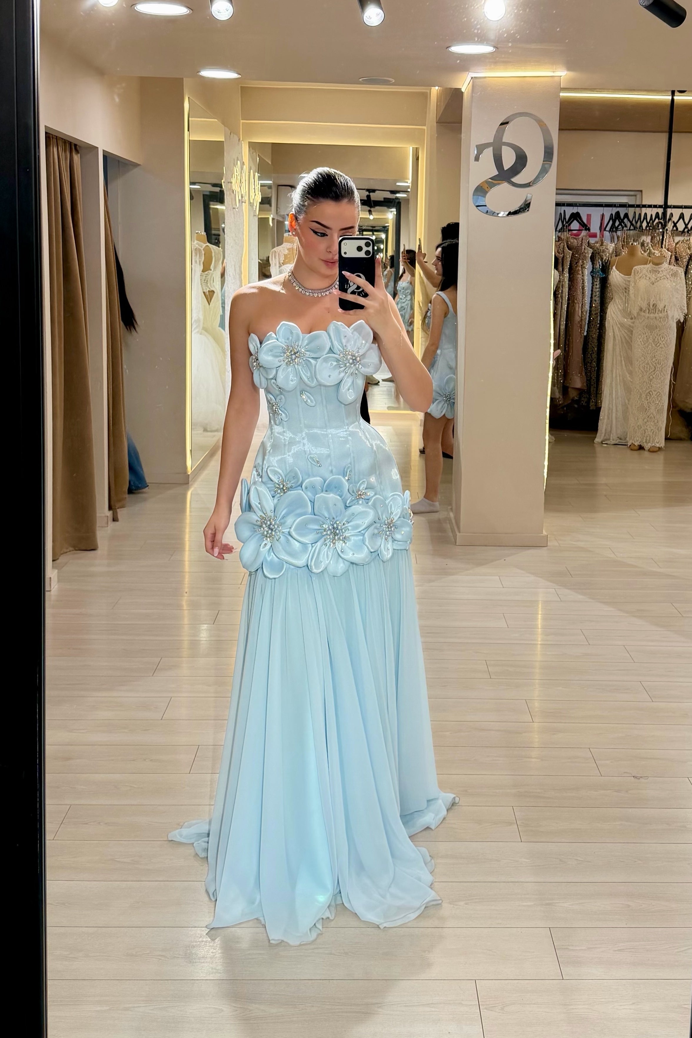 Blue Satin Mermaid Prom Dress with Strapless Neckline and 3D Flowers