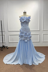 Blue Satin Mermaid Prom Dress with Strapless Neckline and 3D Flowers