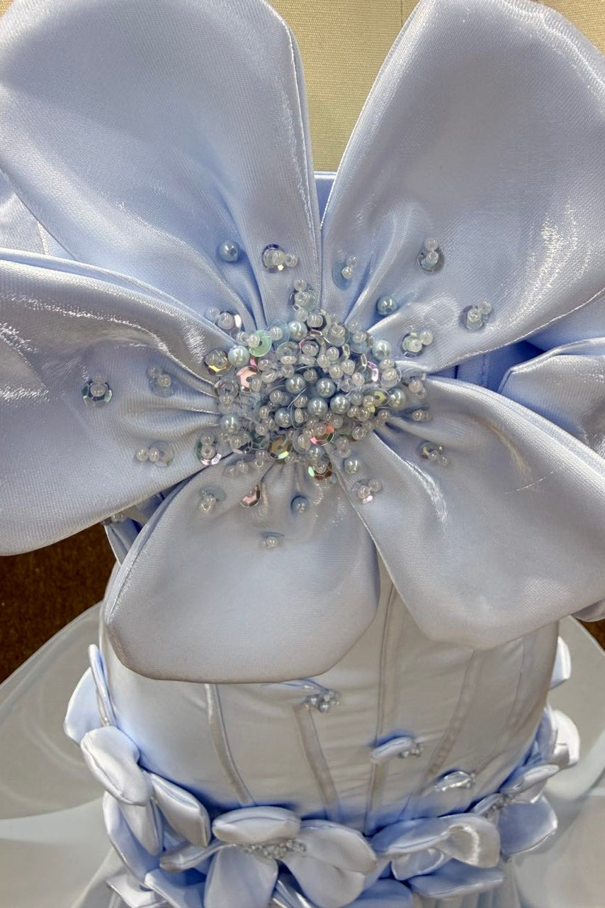 Blue Satin Mermaid Prom Dress with Strapless Neckline and 3D Flowers