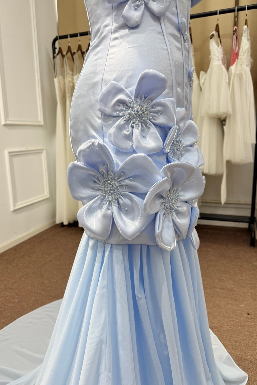 Blue Satin Mermaid Prom Dress with Strapless Neckline and 3D Flowers