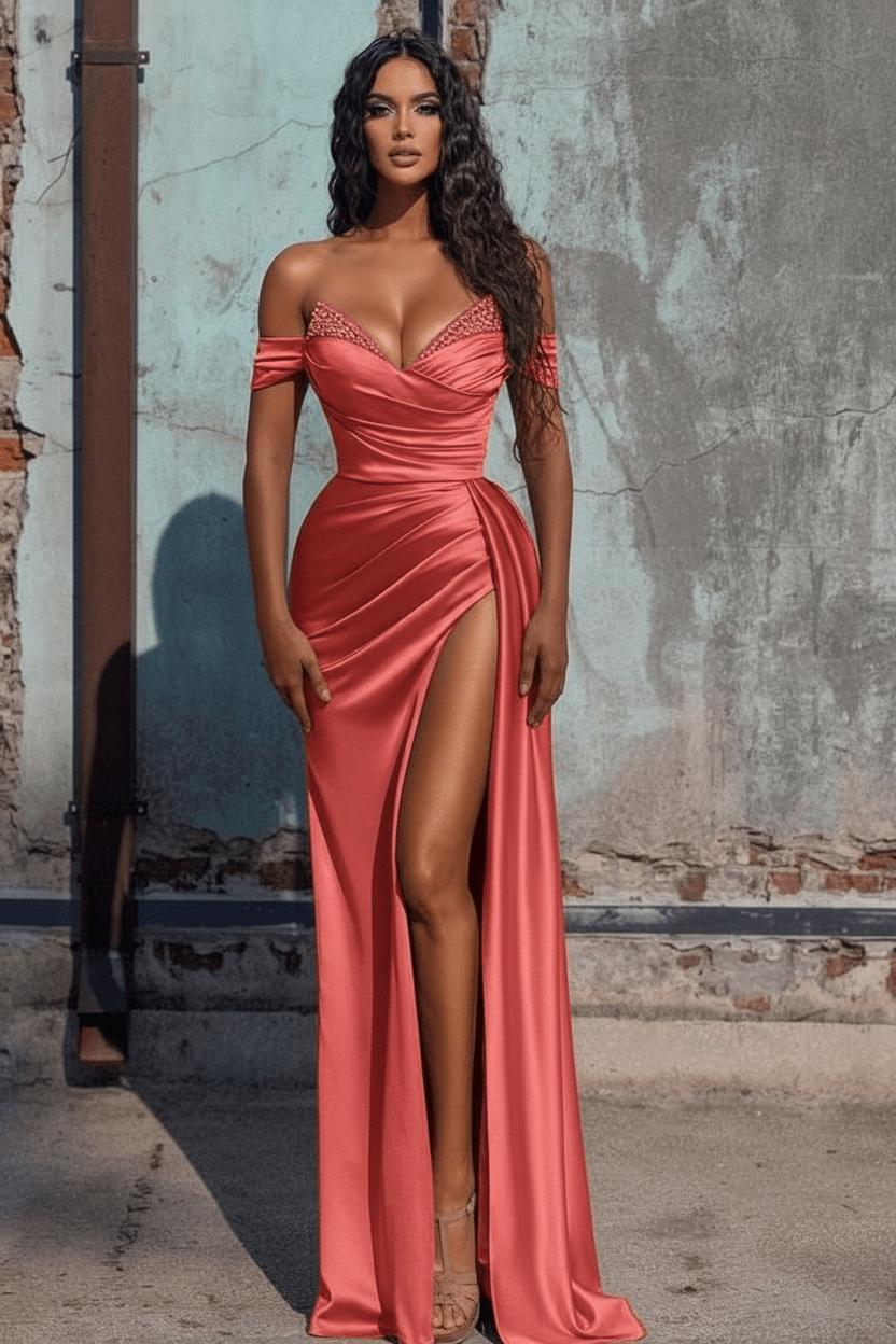 Blue Sheath Prom Dress Off the Shoulder Long Evening Dress Dress With Split Side & Beading