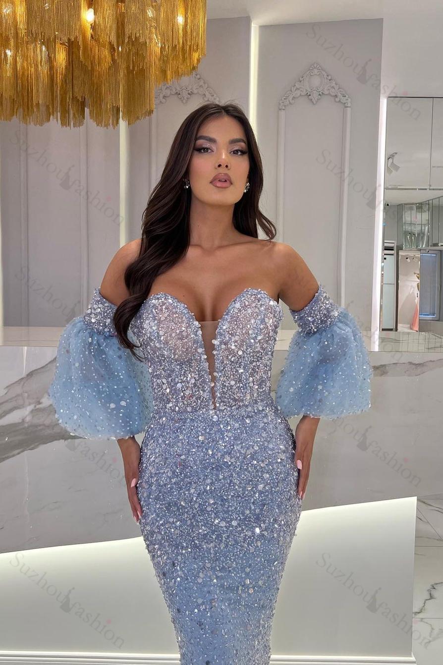 Blue Sheath/Column Prom Dress Half Sleeve Sweetheart Tea Length Sequined Formal Dress