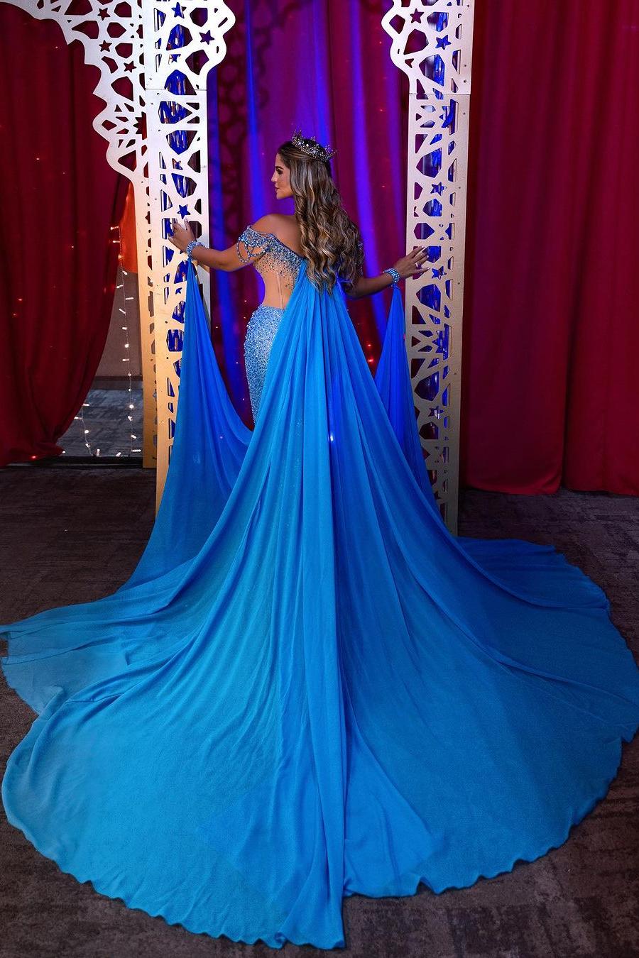 Blue Sheath/Column Prom Dress Off the Shoulder Beaded Formal Dress