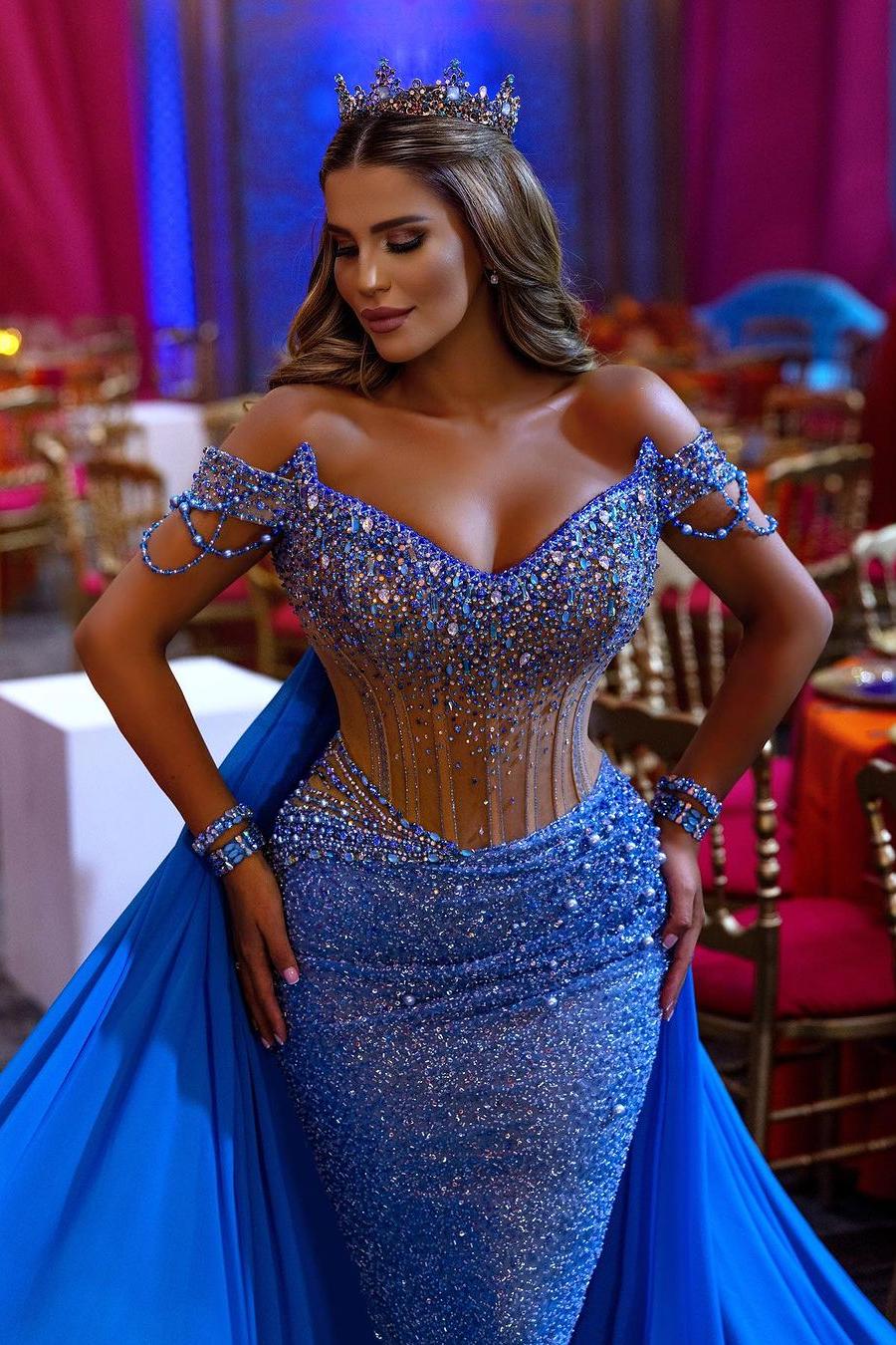 Blue Sheath/Column Prom Dress Off the Shoulder Beaded Formal Dress