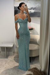 Blue Sheath/Column Prom Dress Spaghetti Straps Sequined Formal Dress
