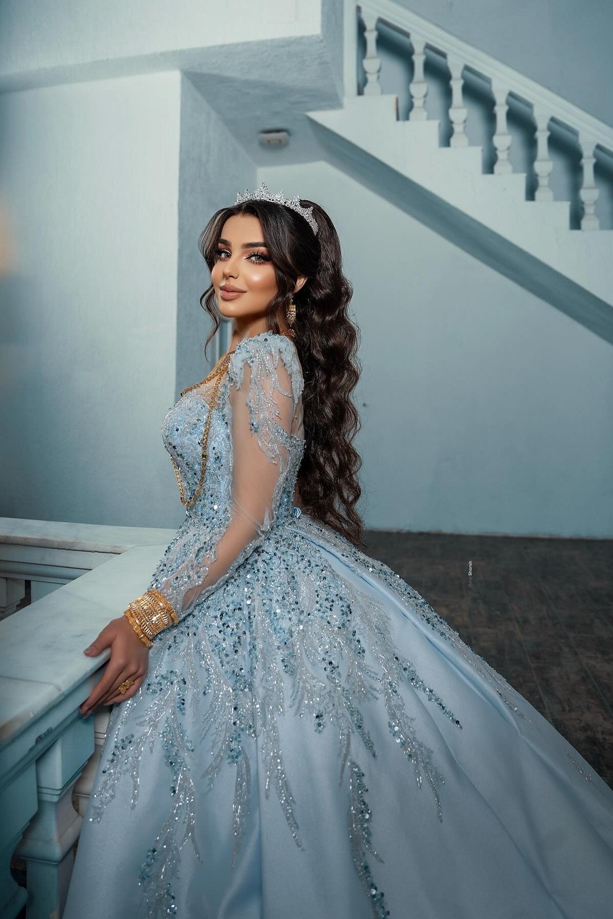 Blue Square Illusion Sleeves Beaded Sequined Ball Gown Satin Bridal Gown With Appliques