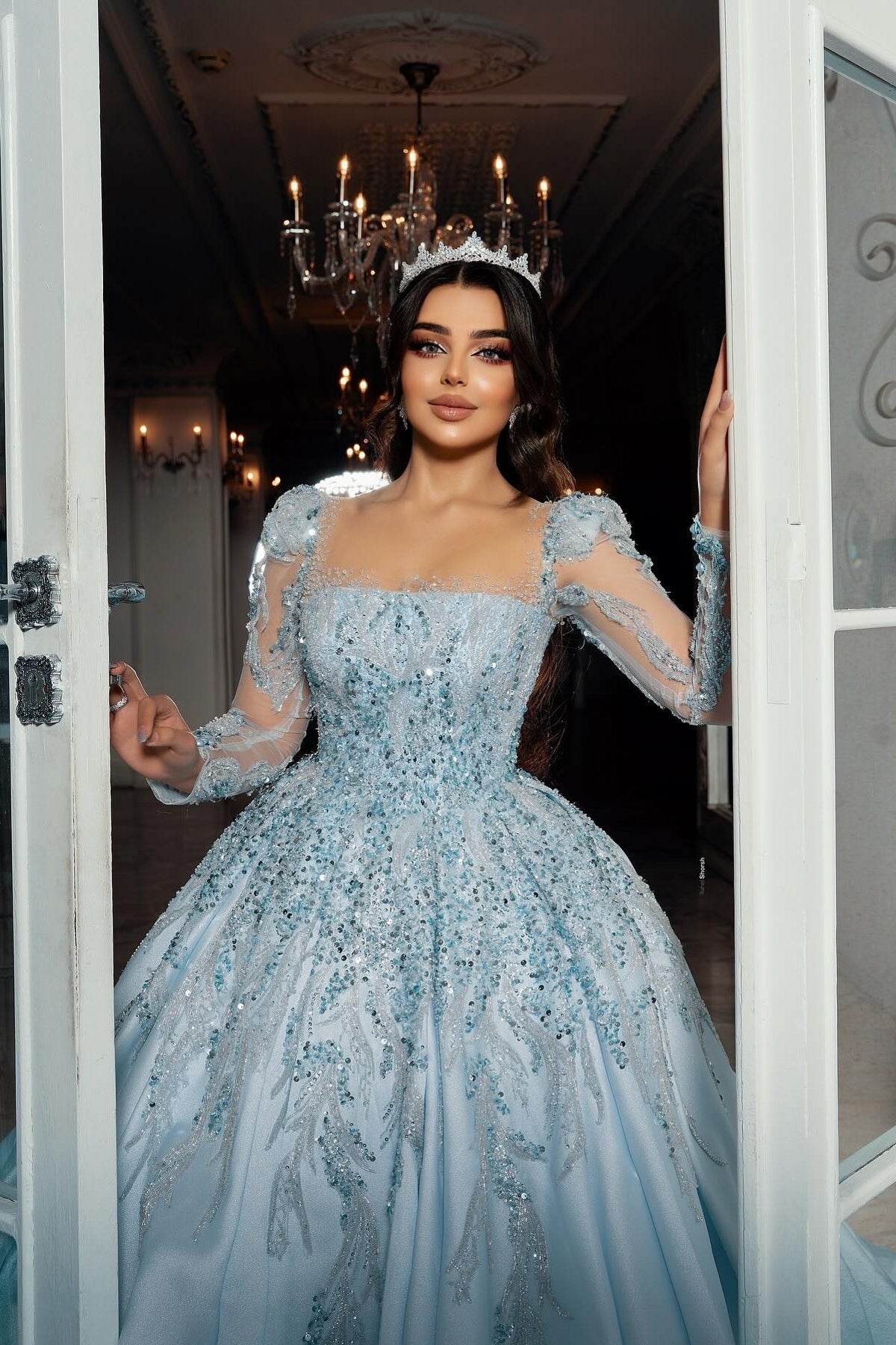 Blue Square Illusion Sleeves Beaded Sequined Ball Gown Satin Bridal Gown With Appliques