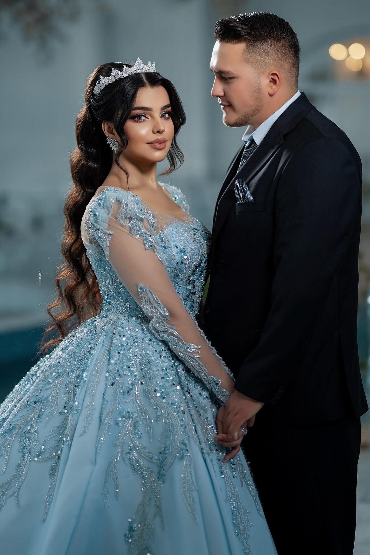 Blue Square Illusion Sleeves Beaded Sequined Ball Gown Satin Bridal Gown With Appliques