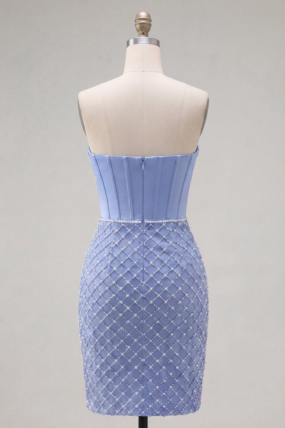 Blue Strapless Basque Waist Corset Tight Short Homecoming Dress with Pearls