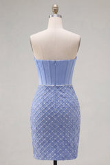 Blue Strapless Basque Waist Corset Tight Short Homecoming Dress with Pearls