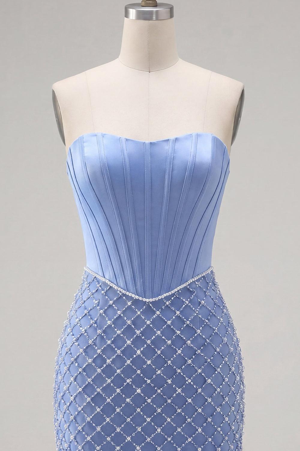 Blue Strapless Basque Waist Corset Tight Short Homecoming Dress with Pearls