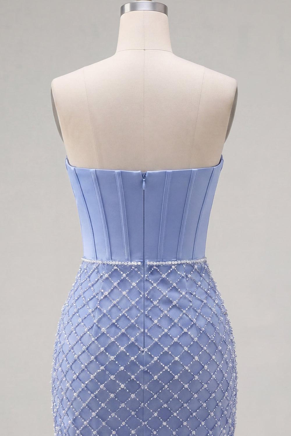 Blue Strapless Basque Waist Corset Tight Short Homecoming Dress with Pearls