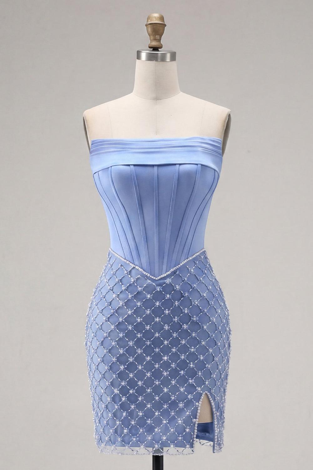 Blue Strapless Corset Tight Short Homecoming Dress with Pearl Details