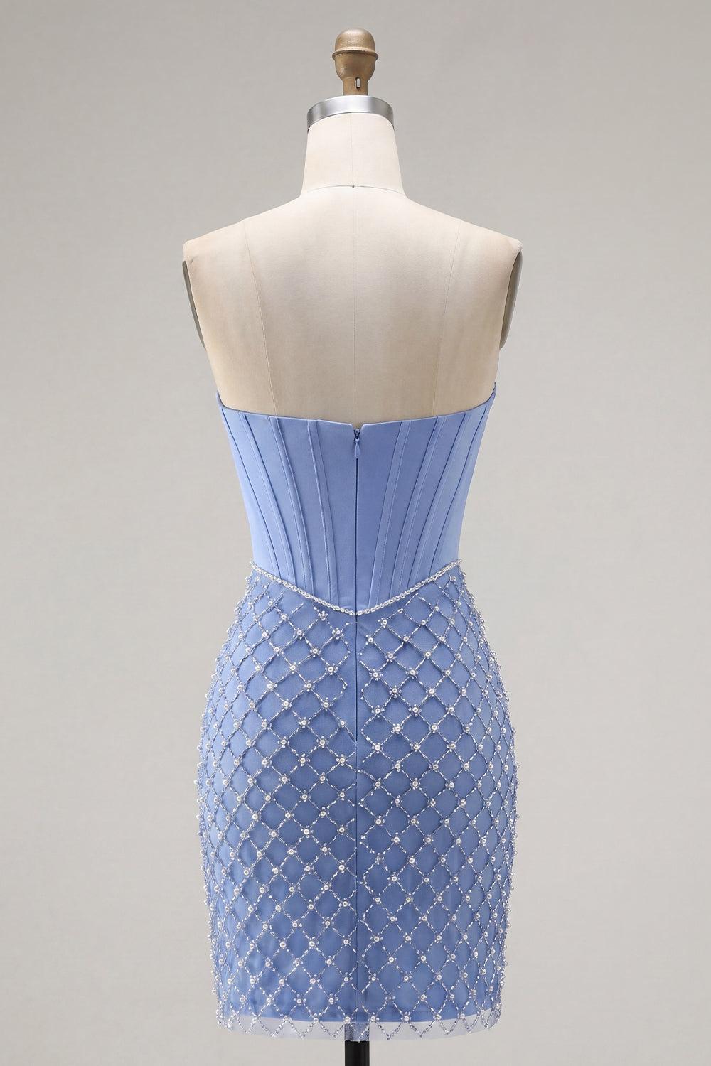 Blue Strapless Corset Tight Short Homecoming Dress with Pearl Details