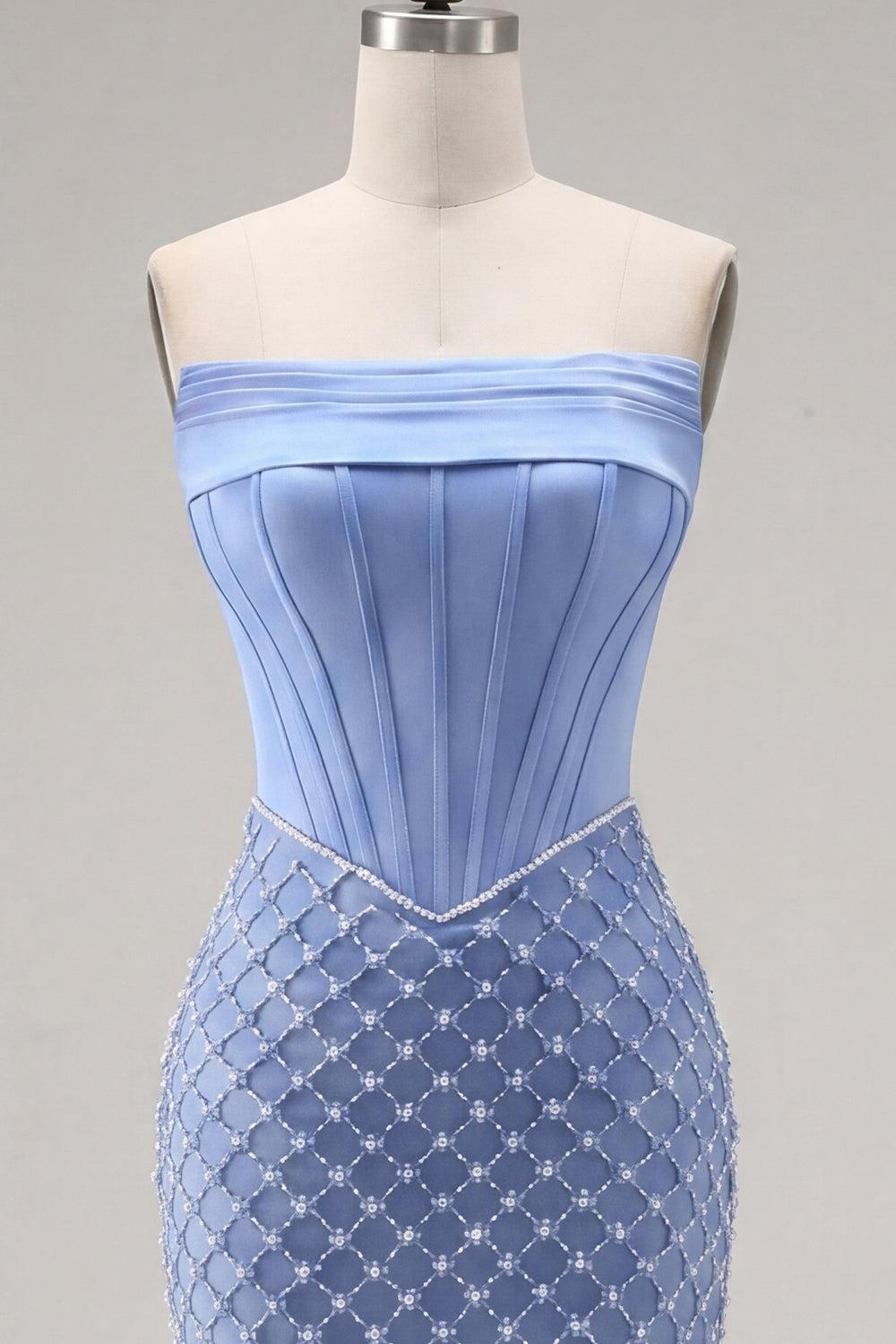 Blue Strapless Corset Tight Short Homecoming Dress with Pearl Details