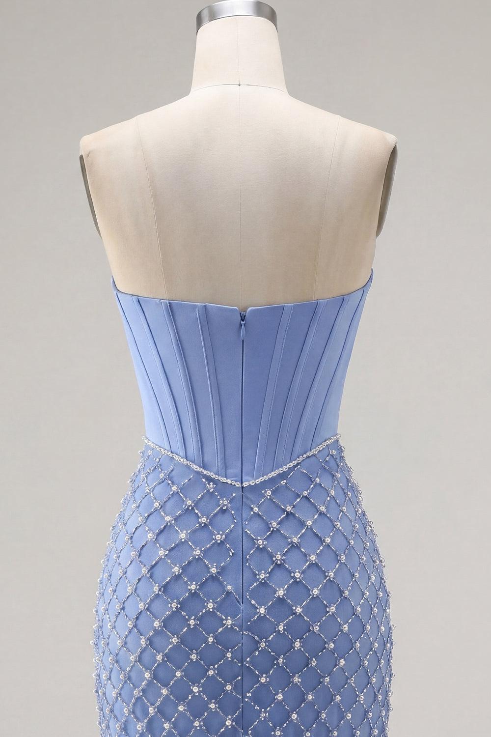 Blue Strapless Corset Tight Short Homecoming Dress with Pearl Details