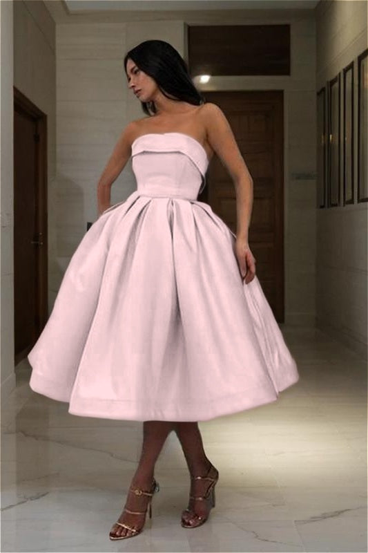 Blue Strapless Homecoming Dress Sleeveless A Line Short Cocktail Dress With Pleated