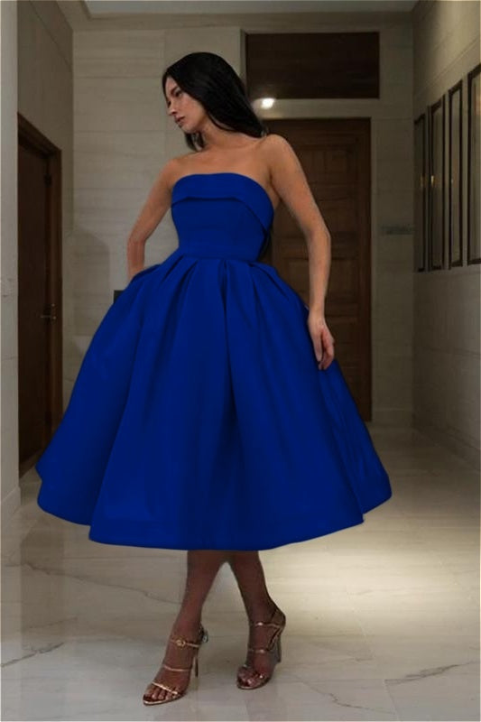 Blue Strapless Homecoming Dress Sleeveless A Line Short Cocktail Dress With Pleated