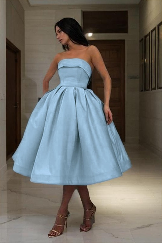 Blue Strapless Homecoming Dress Sleeveless A Line Short Cocktail Dress With Pleated