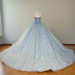 Blue Strapless Quinceanera Dress Corset Ball Gown Sweet 16 Dress with Flowers